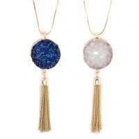 Druzy Circle Stone Pendant & Tassel Long Necklace 